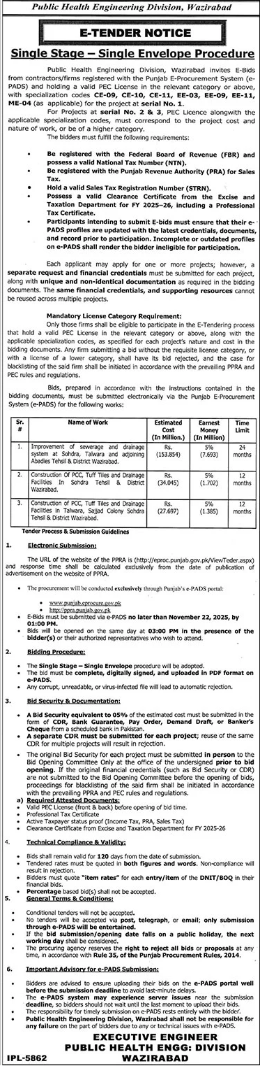 Public Health Engineering Division Wazirabad Tender Notice